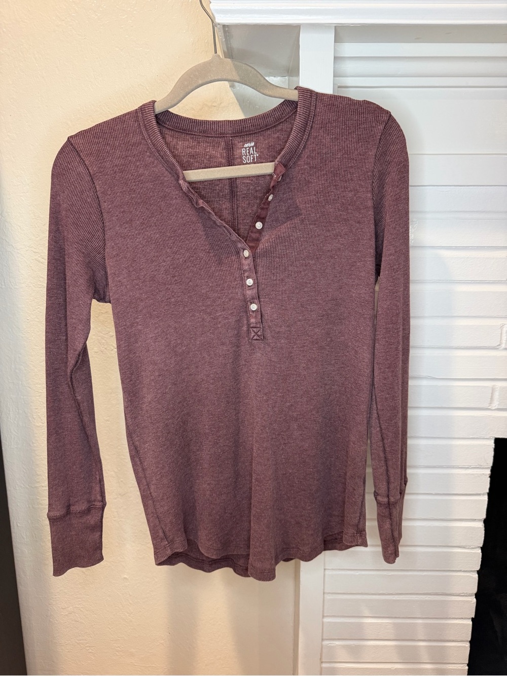 Aerie Real Soft Ribbed Henley Long Sleeve Top Burgundy Medium